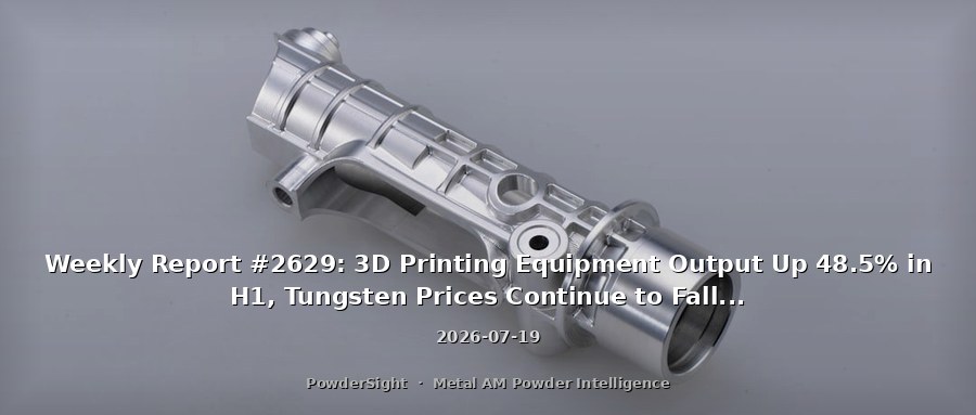 Weekly Report #2629: 3D Printing Equipment Output Up 48.5% in H1, Tungsten Prices Continue to Fall, Dual-Process Titanium Powder Routes Take Shape