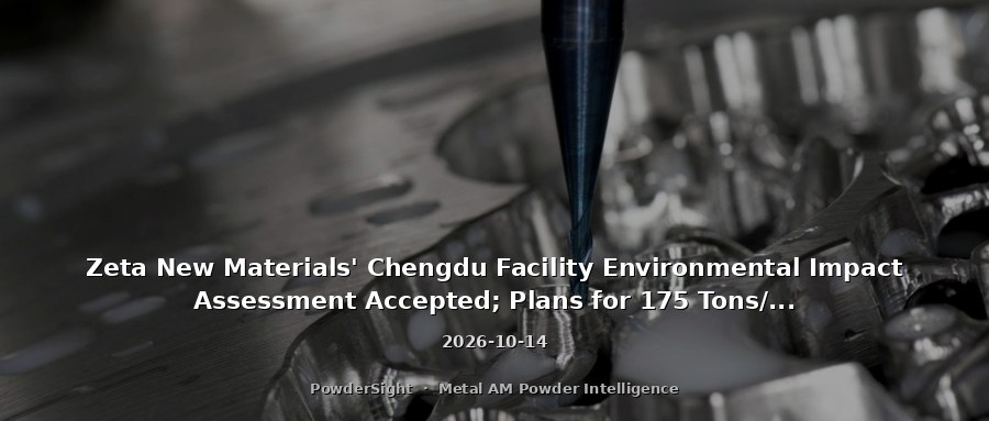 Zeta New Materials' Chengdu Facility Environmental Impact Assessment Accepted; Plans for 175 Tons/Year Titanium 3D Printing Parts and Plasma Atomization Powder Production